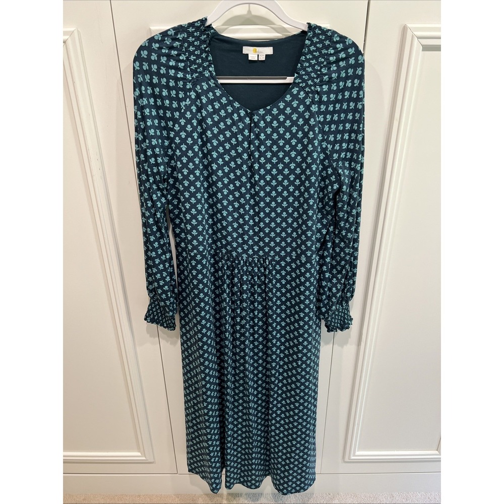 Boden Green Retro Floral MIDI Knit Dress Long Sleeve Modest Prairie Teacher